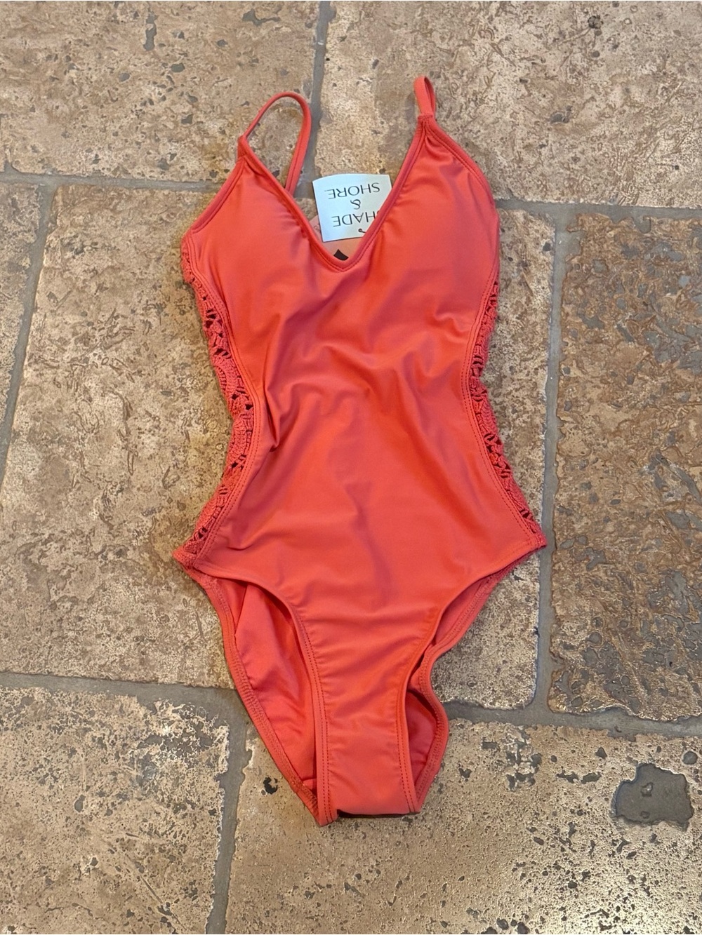 NWT~Shade & Shore Orange Coral Crochet Sides Padded One-Piece Swimsuit Size XS